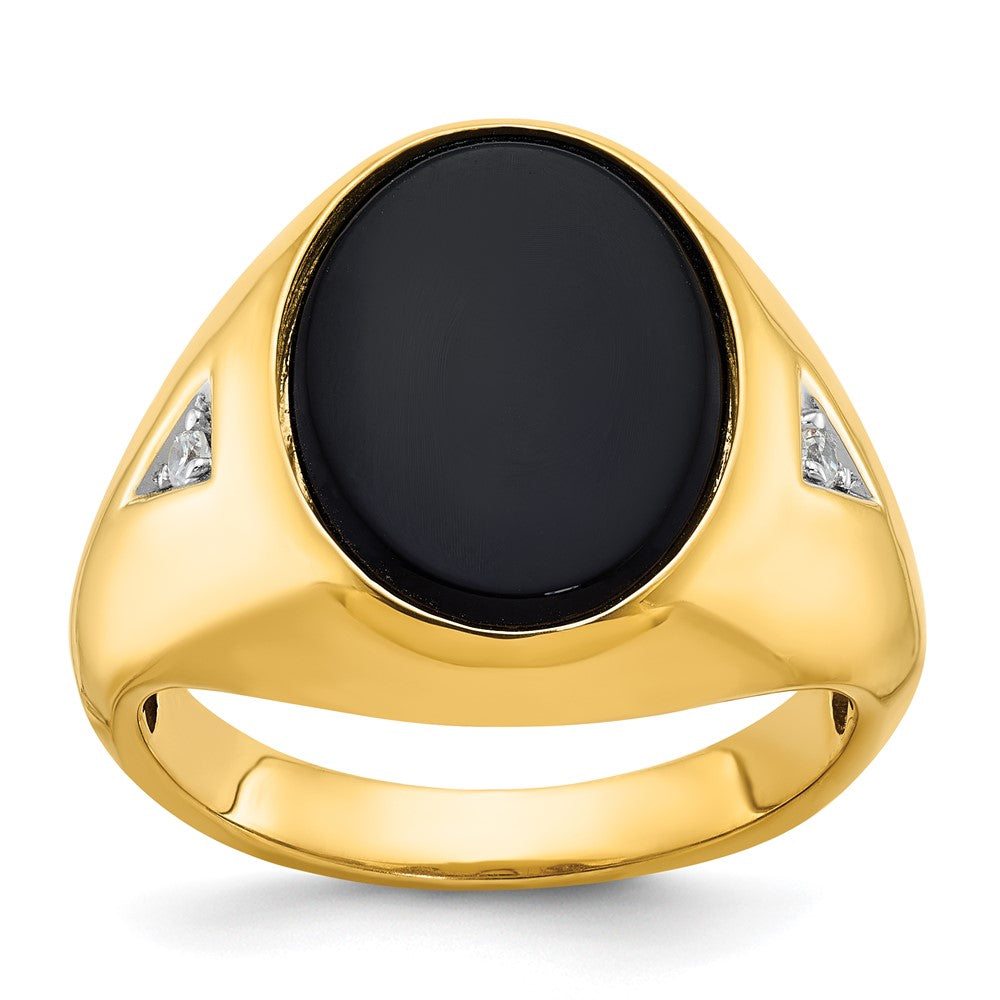 Men&#39;s 18mm 14K Yellow Gold Oval Onyx &amp; 1/15 Ctw Diamond Tapered Ring, Item R12256 by The Black Bow Jewelry Co.