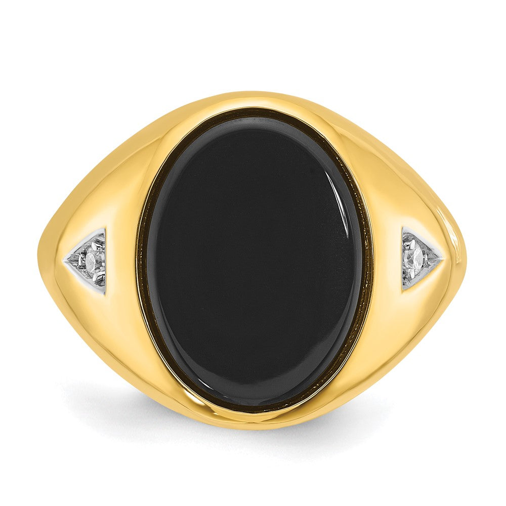 Alternate view of the Men&#39;s 18mm 14K Yellow Gold Oval Onyx &amp; 1/15 Ctw Diamond Tapered Ring by The Black Bow Jewelry Co.