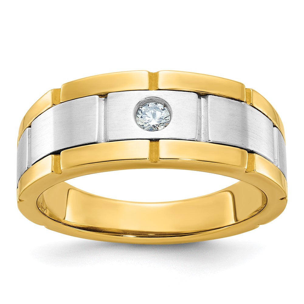 Men&#39;s 8.75mm 10K Two Tone Gold 1/10 Ct Diamond Grooved Tapered Band, Item R12264 by The Black Bow Jewelry Co.