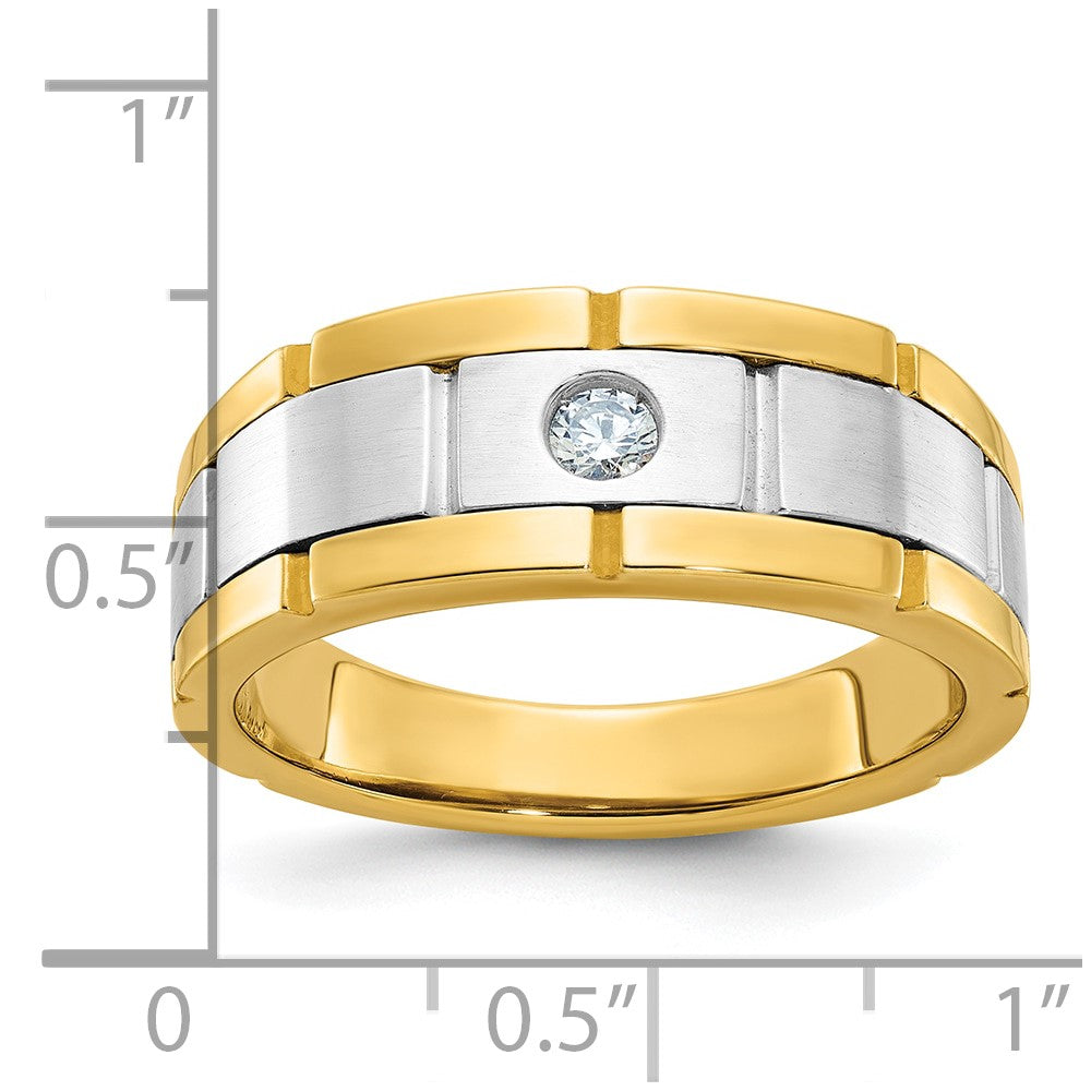 Alternate view of the Men&#39;s 8.75mm 10K Two Tone Gold 1/10 Ct Diamond Grooved Tapered Band by The Black Bow Jewelry Co.
