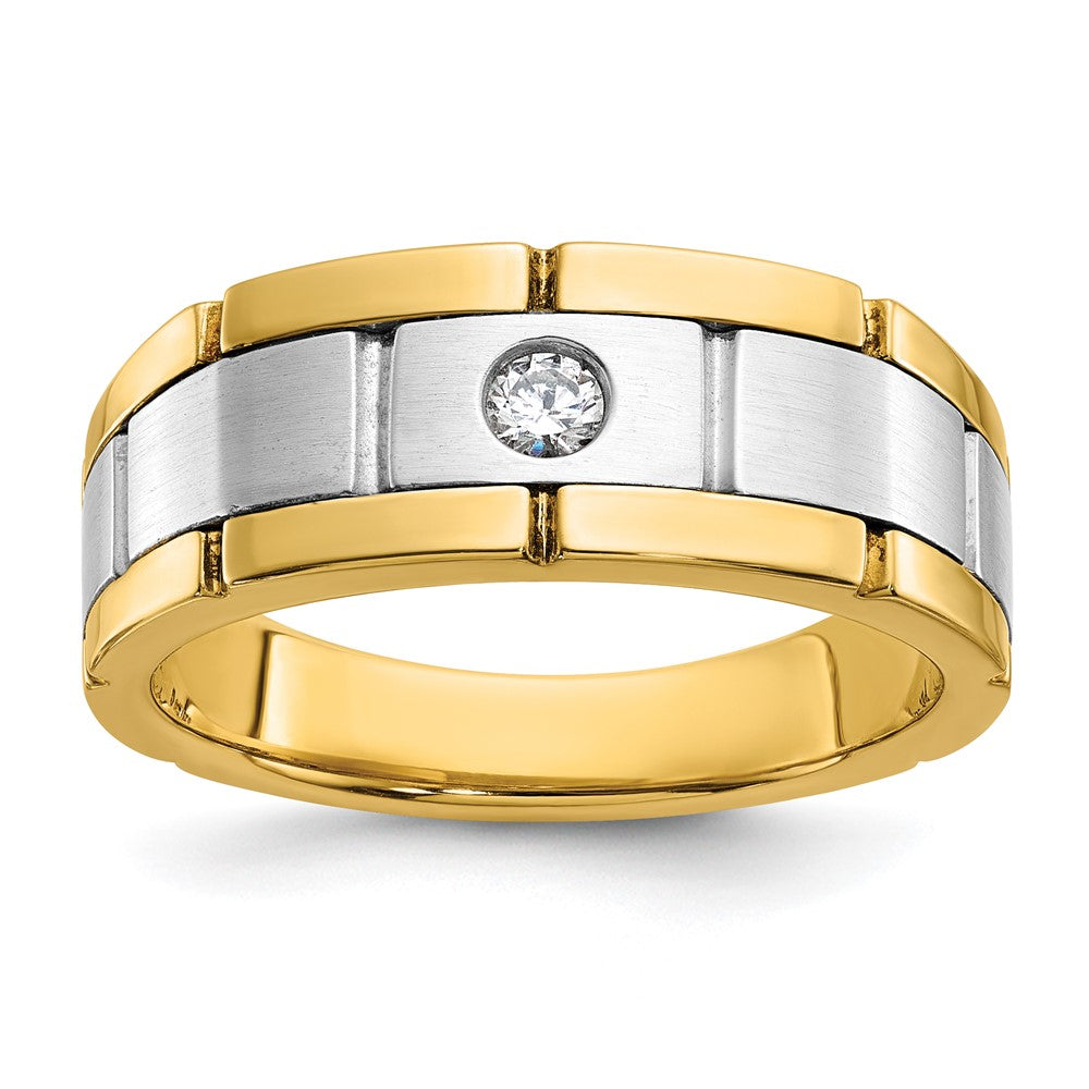 Men&#39;s 8.75mm 14K Two Tone Gold 1/10 Ct Diamond Grooved Tapered Band, Item R12265 by The Black Bow Jewelry Co.