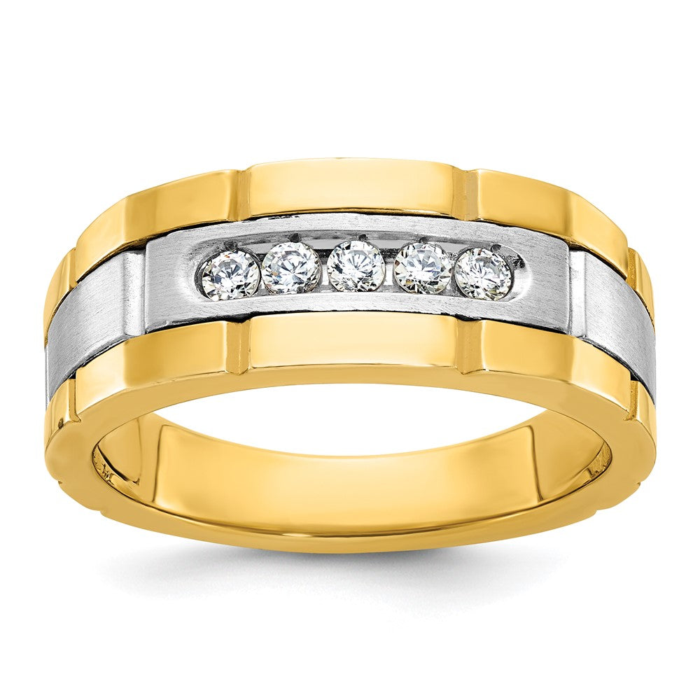 8.5mm 14K Two Tone Gold Grooved 5-Stone 1/4 Ctw Diamond Tapered Band, Item R12266 by The Black Bow Jewelry Co.