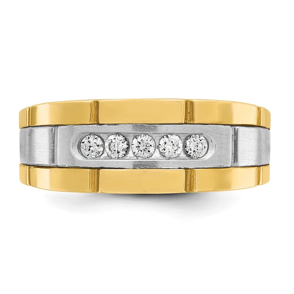 Alternate view of the 8.5mm 14K Two Tone Gold Grooved 5-Stone 1/4 Ctw Diamond Tapered Band by The Black Bow Jewelry Co.