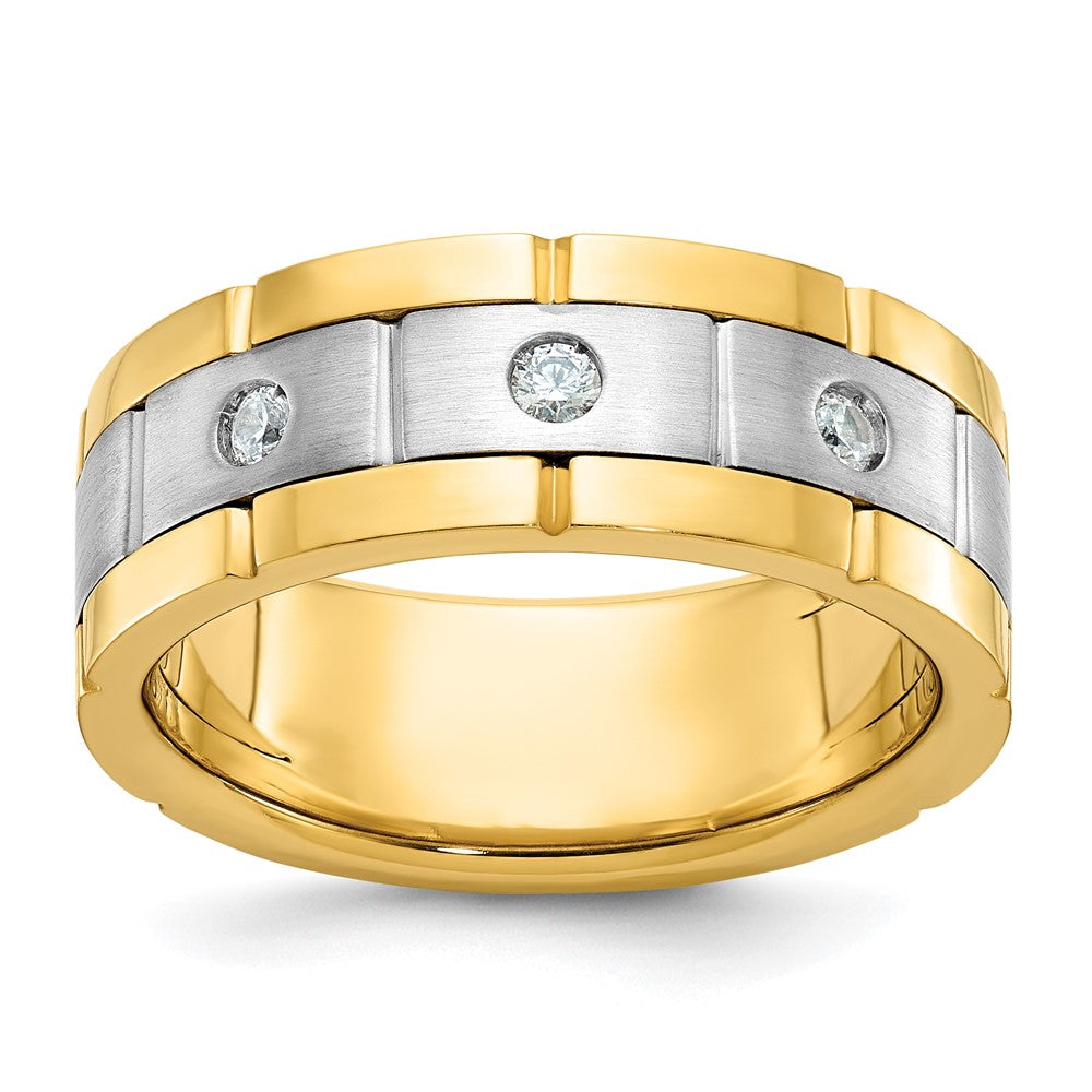 Mens 8.4mm 14K Two Tone Gold 3-Stone 1/6 Ctw Diamond Standard Fit Band, Item R12267 by The Black Bow Jewelry Co.