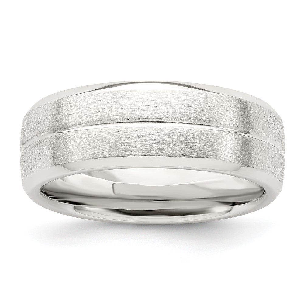 Men&#39;s 7mm Sterling Silver Brushed Grooved Center Standard Fit Band, Item R12529 by The Black Bow Jewelry Co.