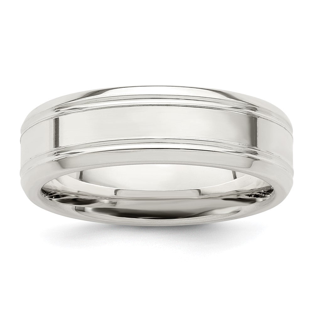 6mm Sterling Silver Polished Flat Grooved Beveled Edge Band, Item R12532 by The Black Bow Jewelry Co.