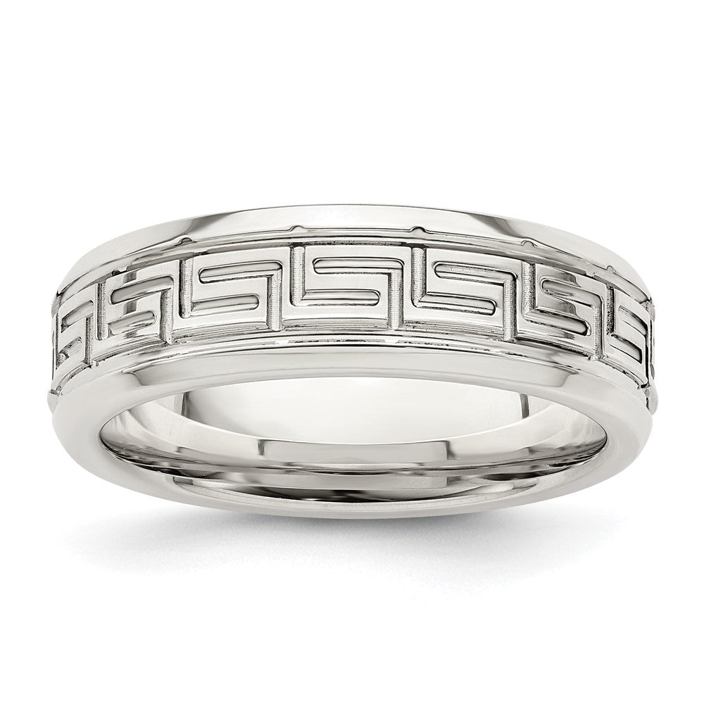 6mm Sterling Silver Polished Greek Key Beveled Edge Standard Fit Band, Item R12543 by The Black Bow Jewelry Co.