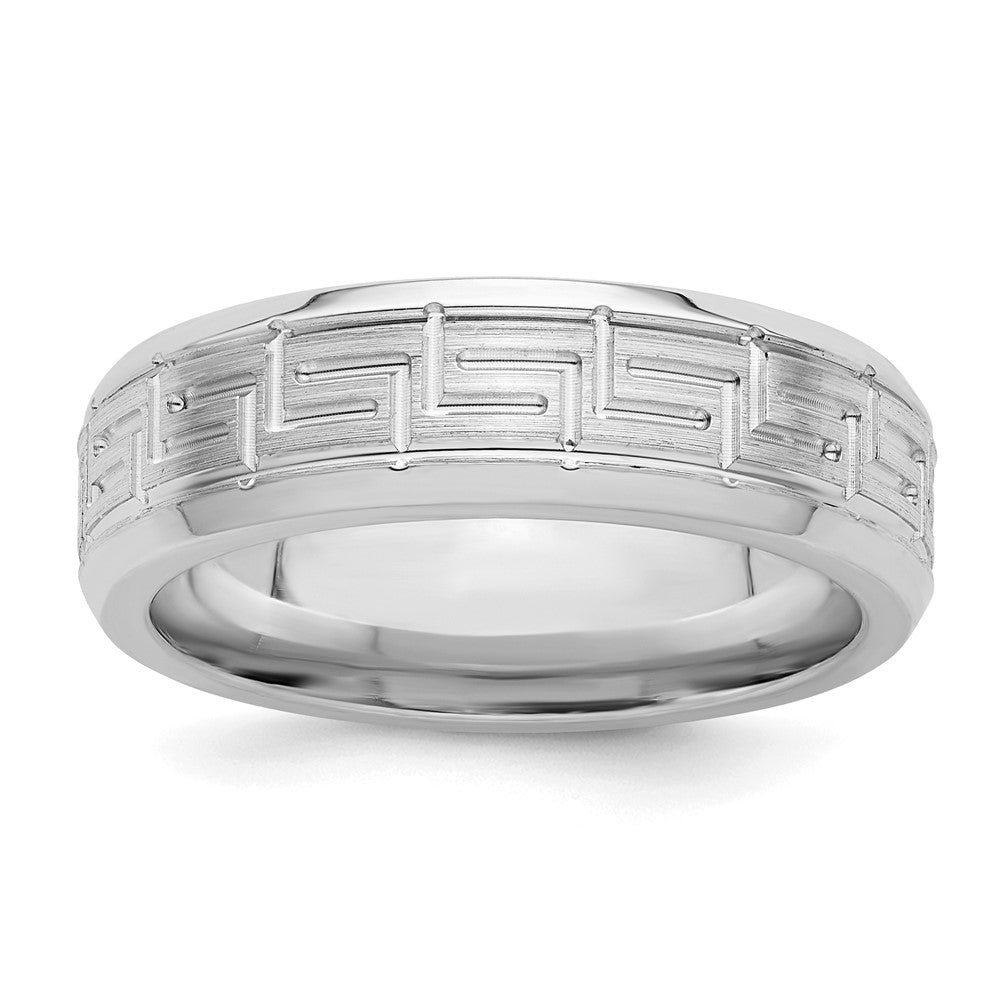 6mm Rhodium Plated Sterling Silver Brushed Greek Key Beveled Edge Band, Item R12544 by The Black Bow Jewelry Co.