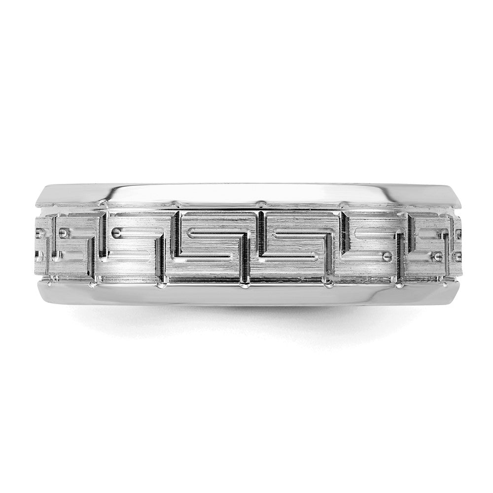 Alternate view of the 6mm Rhodium Plated Sterling Silver Brushed Greek Key Beveled Edge Band by The Black Bow Jewelry Co.