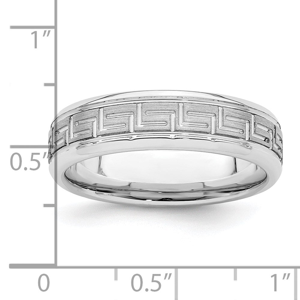 Alternate view of the 6mm Rhodium Plated Sterling Silver Brushed Greek Key Beveled Edge Band by The Black Bow Jewelry Co.