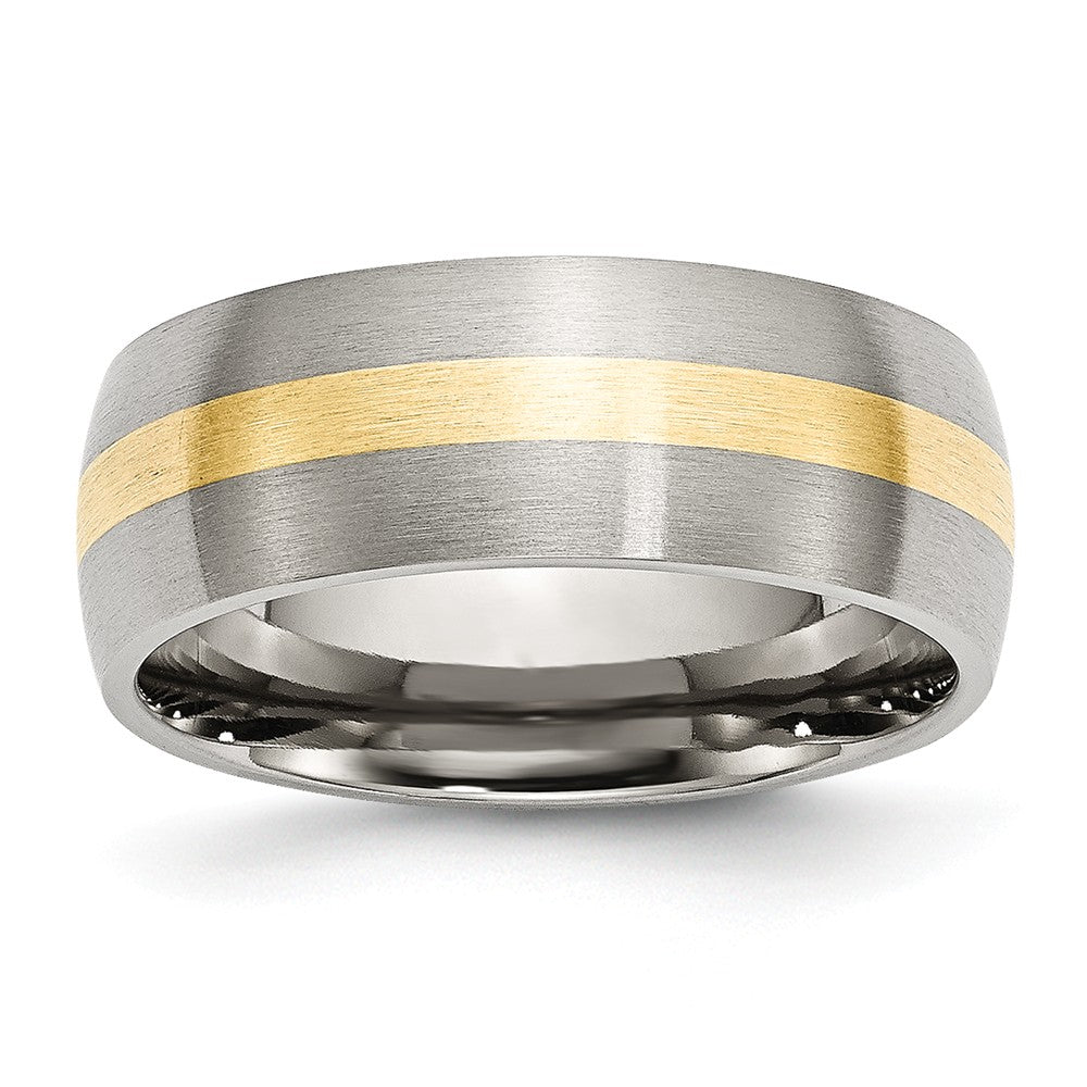 Stainless Steel & 14K Gold Inlay, 8mm Satin Unisex Band, Item R8637 by The Black Bow Jewelry Co.