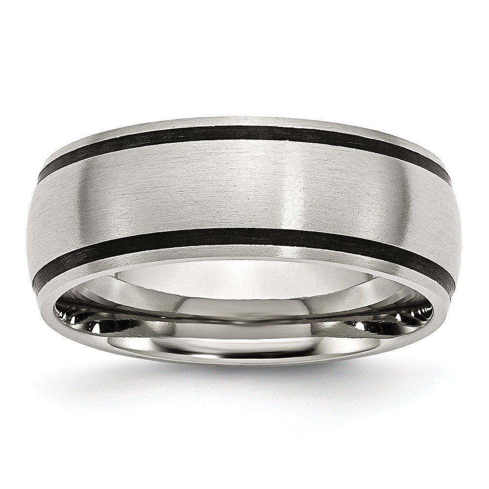 Stainless Steel & Black Rubber, 8mm Satin Standard Fit Band, Item R8642 by The Black Bow Jewelry Co.