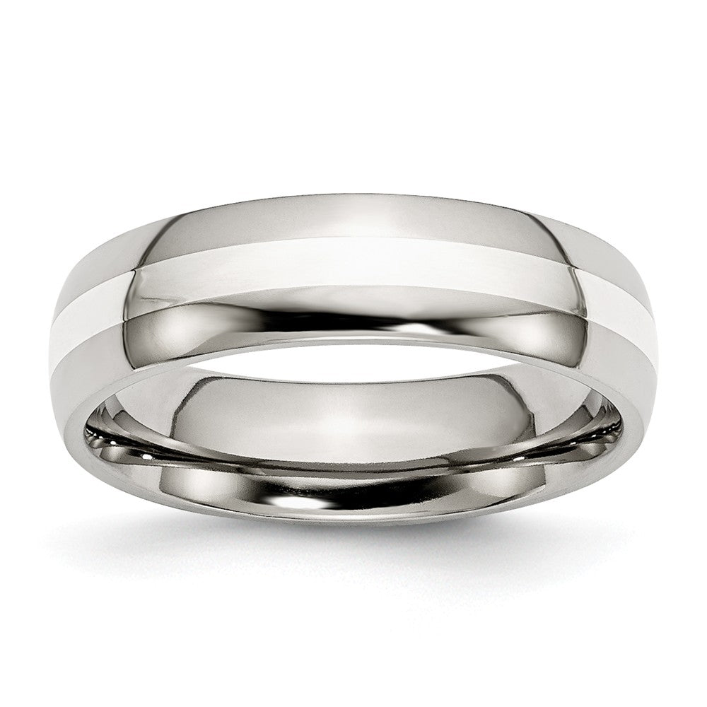Stainless Steel & Sterling Silver Inlay, 6mm Unisex Comfort Fit Band, Item R8646 by The Black Bow Jewelry Co.