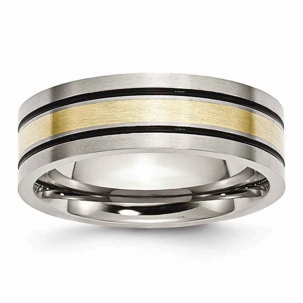 Titanium & 14K Gold Inlay, 7mm Flat Brushed & Antiqued Band, Item R8649 by The Black Bow Jewelry Co.