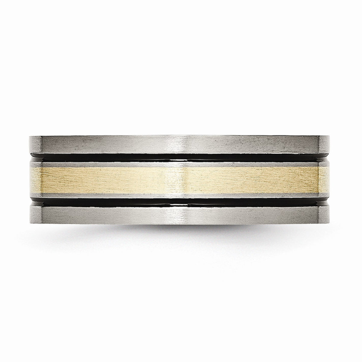 Alternate view of the Titanium & 14K Gold Inlay, 7mm Flat Brushed & Antiqued Band by The Black Bow Jewelry Co.