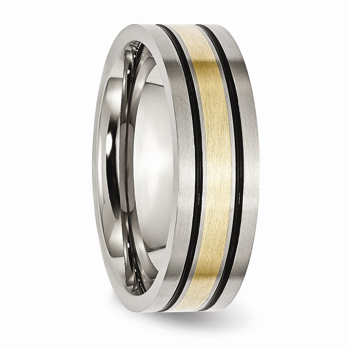 Alternate view of the Titanium & 14K Gold Inlay, 7mm Flat Brushed & Antiqued Band by The Black Bow Jewelry Co.