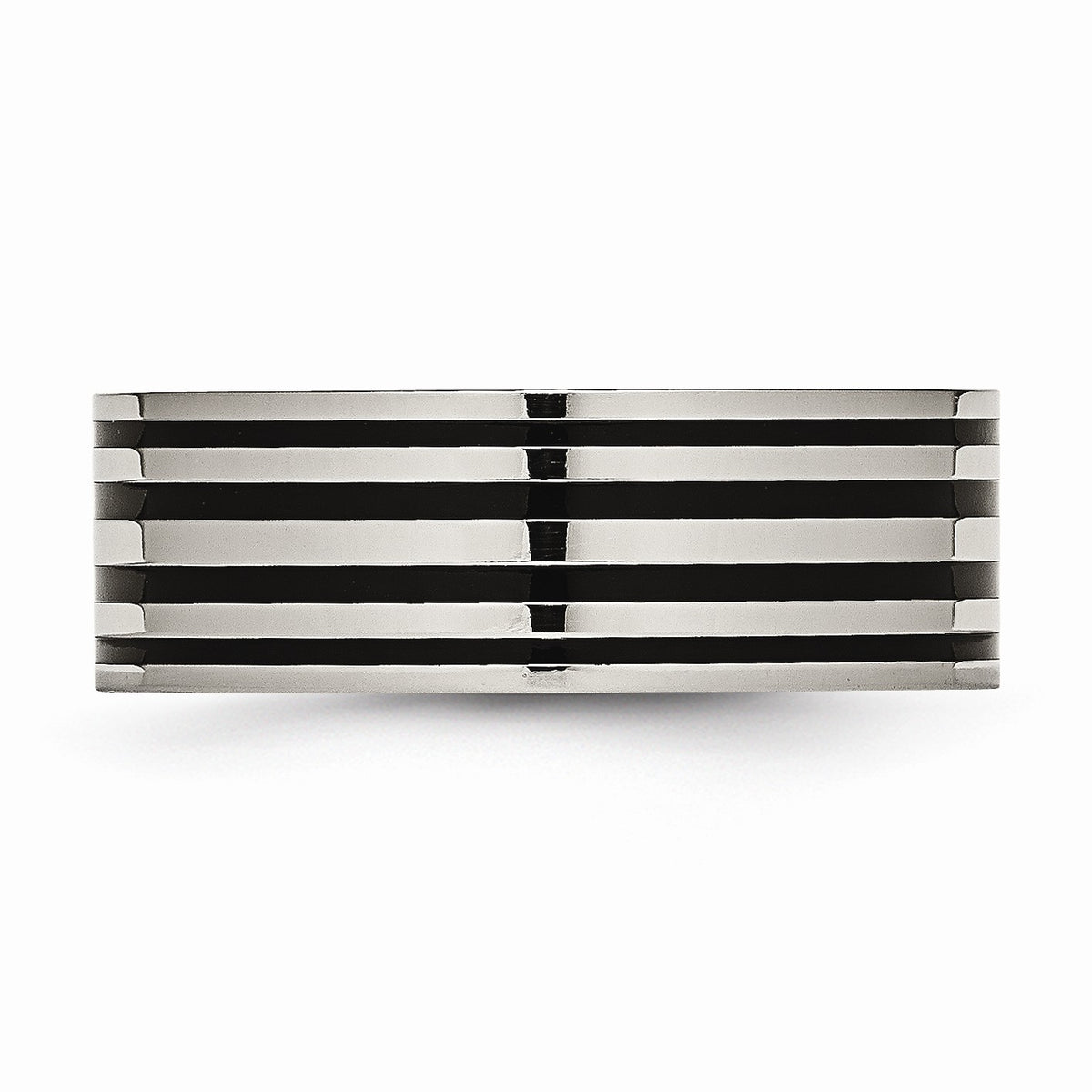 Alternate view of the Titanium and Black Enamel, 8mm Striped Unisex Comfort Fit Band by The Black Bow Jewelry Co.