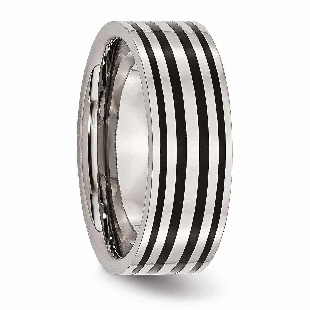 Alternate view of the Titanium & Black Enamel, 8mm Striped Unisex Comfort Fit Band, Size 6 by The Black Bow Jewelry Co.