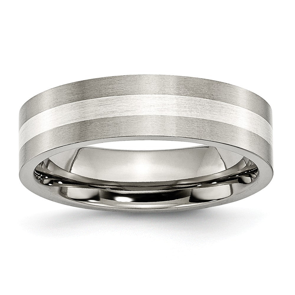 Titanium & Sterling Silver Inlay, 6mm Satin Flat Comfort Fit Band, Item R8661 by The Black Bow Jewelry Co.