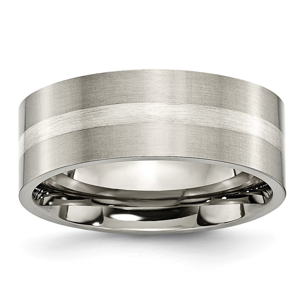 Titanium & Sterling Silver Inlay, 8mm Satin Flat Comfort Fit Band, Item R8662 by The Black Bow Jewelry Co.