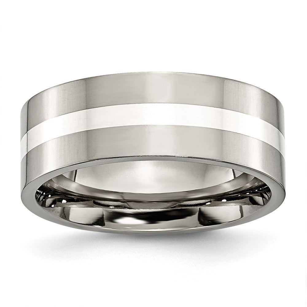Titanium &amp; Sterling Silver Inlay, 8mm Polished Flat Comfort Fit Band, Item R8664 by The Black Bow Jewelry Co.