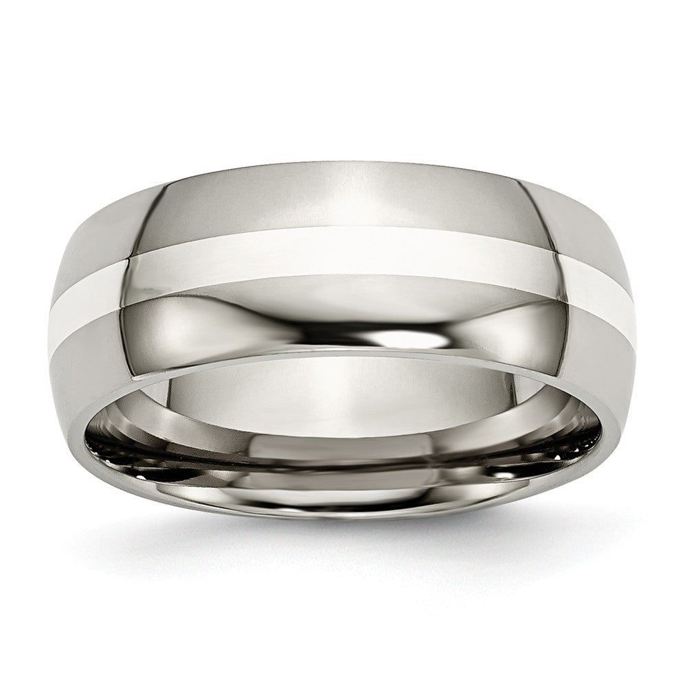 Titanium & Sterling Silver Inlay, 8mm Polished Domed Standard Fit Band, Item R8665 by The Black Bow Jewelry Co.