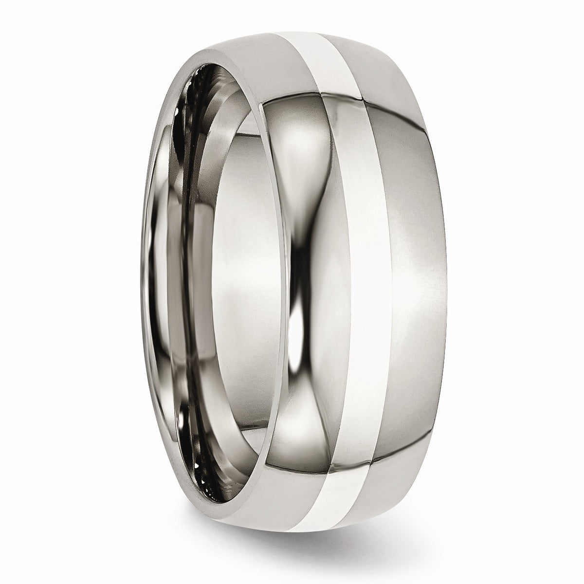 Alternate view of the Titanium & Sterling Silver Inlay, 8mm Polished Domed Standard Fit Band by The Black Bow Jewelry Co.