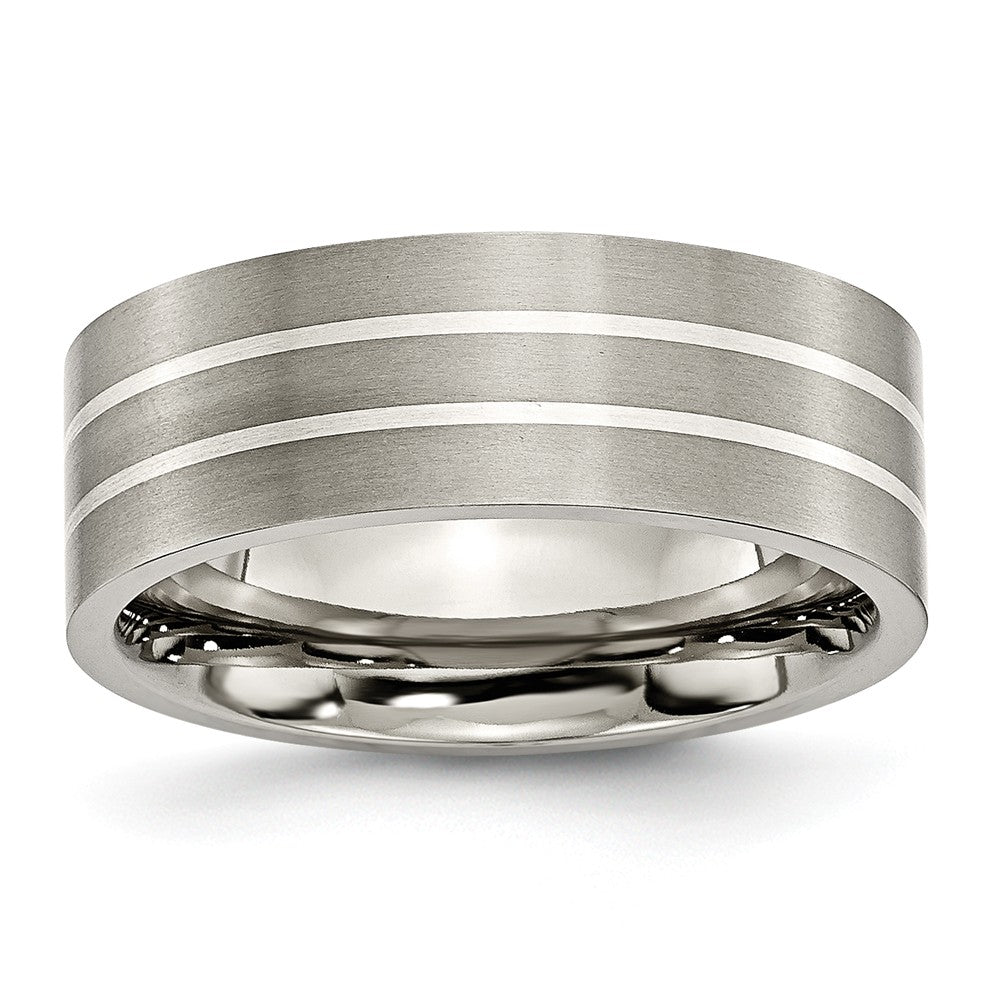 Titanium &amp; Sterling Silver Inlay, 8mm Flat Brushed Comfort Fit Band, Item R8666 by The Black Bow Jewelry Co.