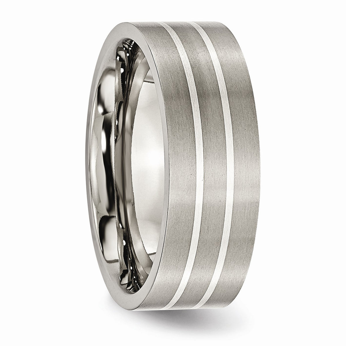 Alternate view of the Titanium & Sterling Silver Inlay, 8mm Flat Brushed Comfort Fit Band by The Black Bow Jewelry Co.