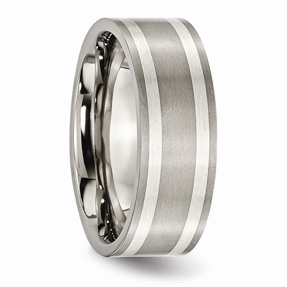Alternate view of the Titanium and Sterling Silver Inlay, 8mm Flat Unisex Comfort Fit Band by The Black Bow Jewelry Co.