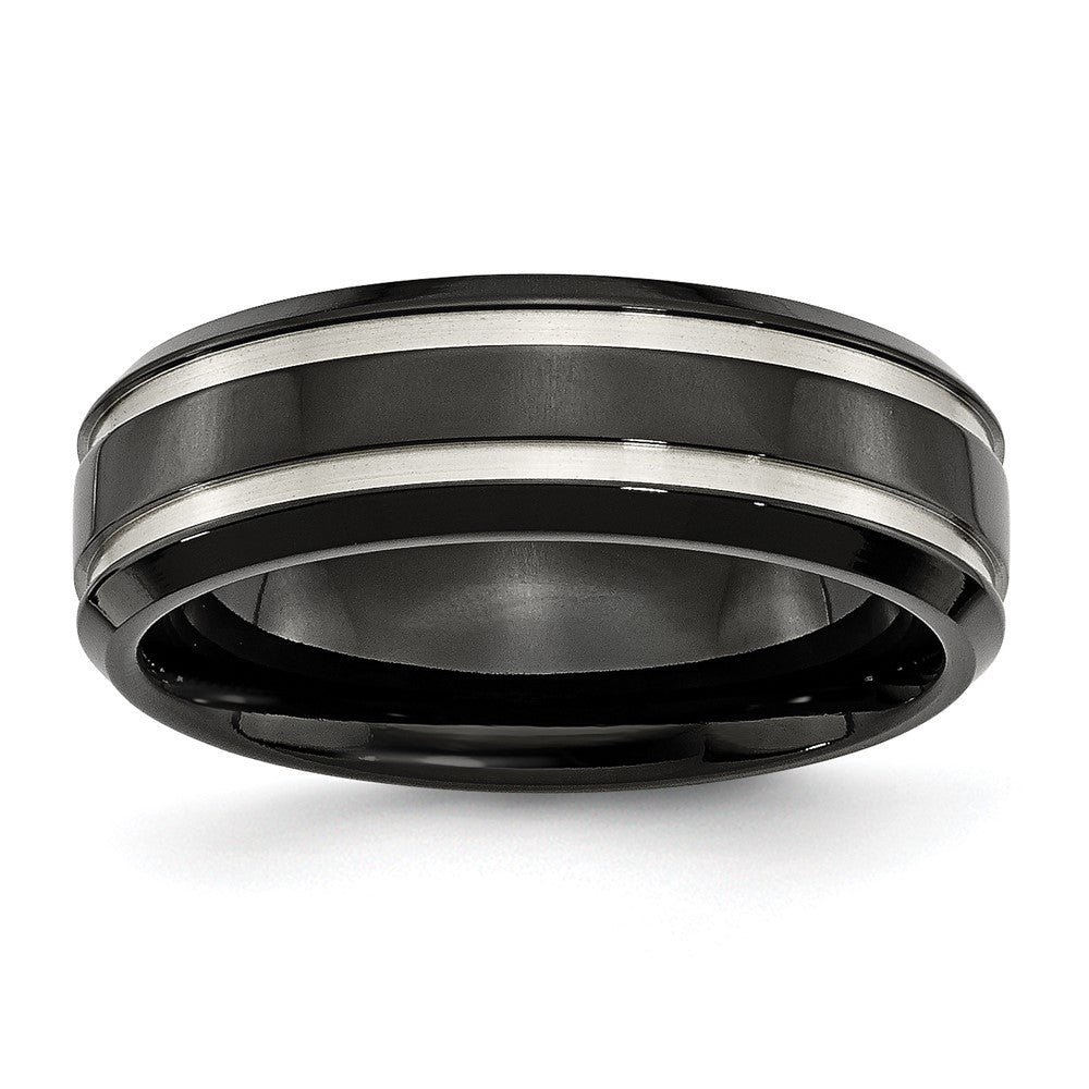 Black-Plated Titanium, 7mm Grooved Unisex Comfort Fit Band, Item R8675 by The Black Bow Jewelry Co.