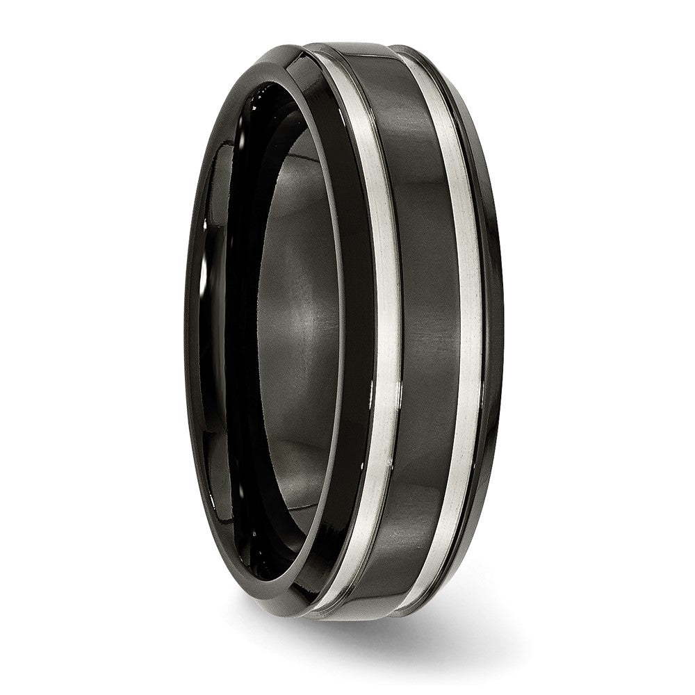 Alternate view of the Black-Plated Titanium, 7mm Grooved Unisex Comfort Fit Band by The Black Bow Jewelry Co.