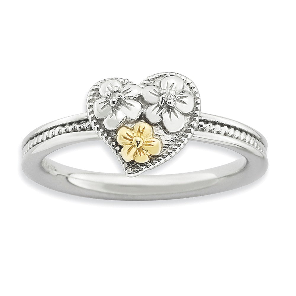 Sterling Silver, 14k Gold Plated &amp; Diamond 9mm Floral Heart Stack Ring, Item R8801 by The Black Bow Jewelry Co.