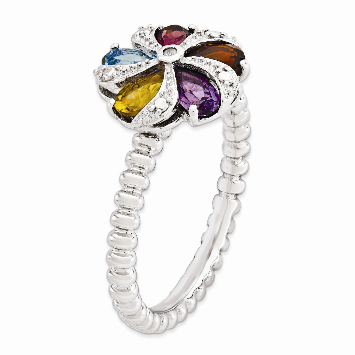 Alternate view of the Gemstone, 1pt Diamond & Sterling Silver 11mm Flower Ring, Size 5 by The Black Bow Jewelry Co.
