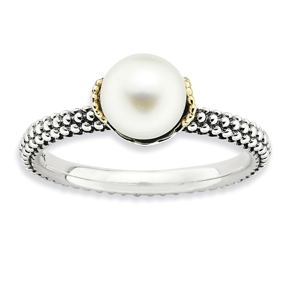White FW Cultured Pearl, Sterling Silver & 14k Gold Accent Stack Ring, Item R8809 by The Black Bow Jewelry Co.