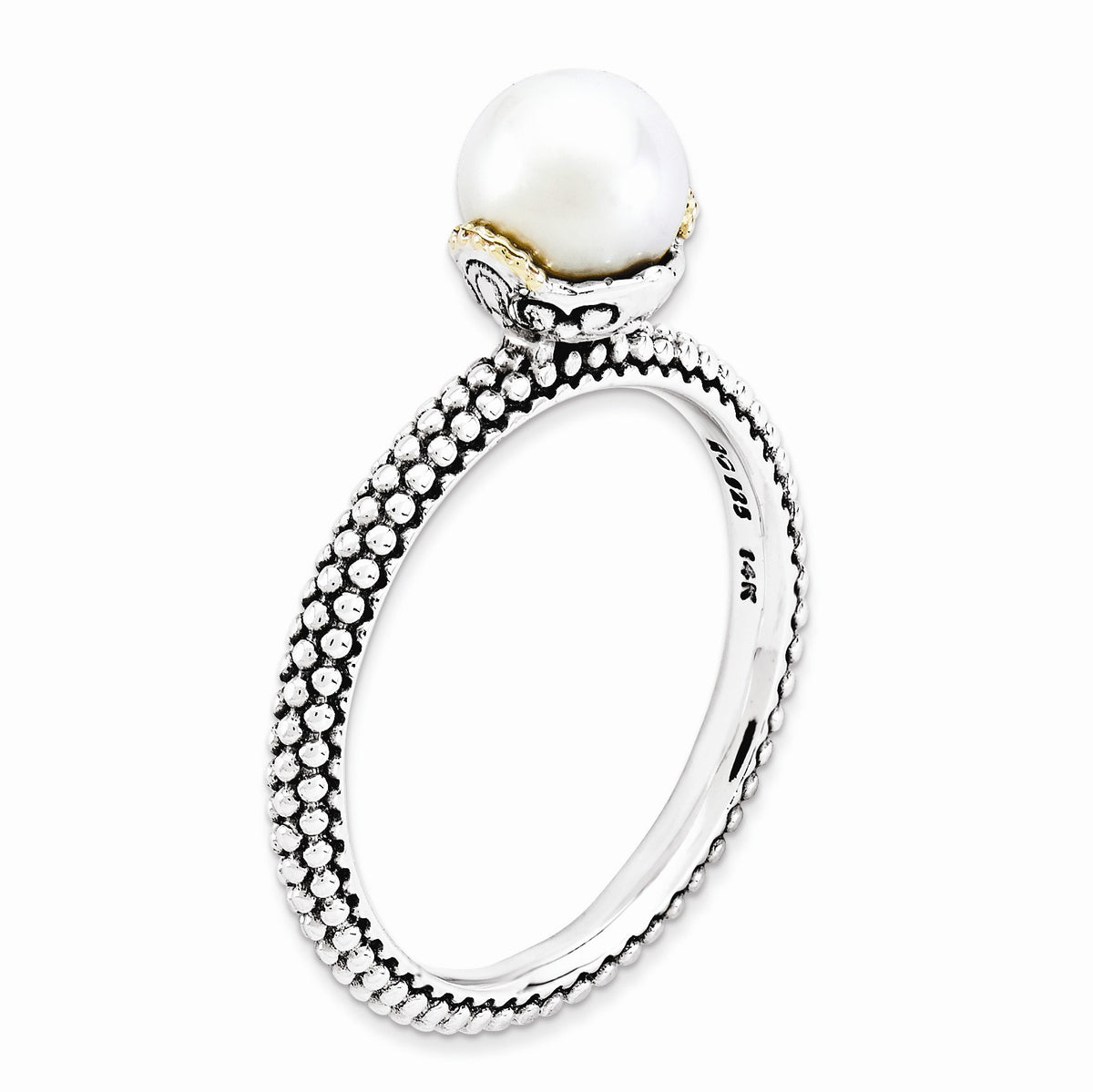 Alternate view of the White FW Cultured Pearl, Sterling Silver & 14k Gold Accent Stack Ring by The Black Bow Jewelry Co.