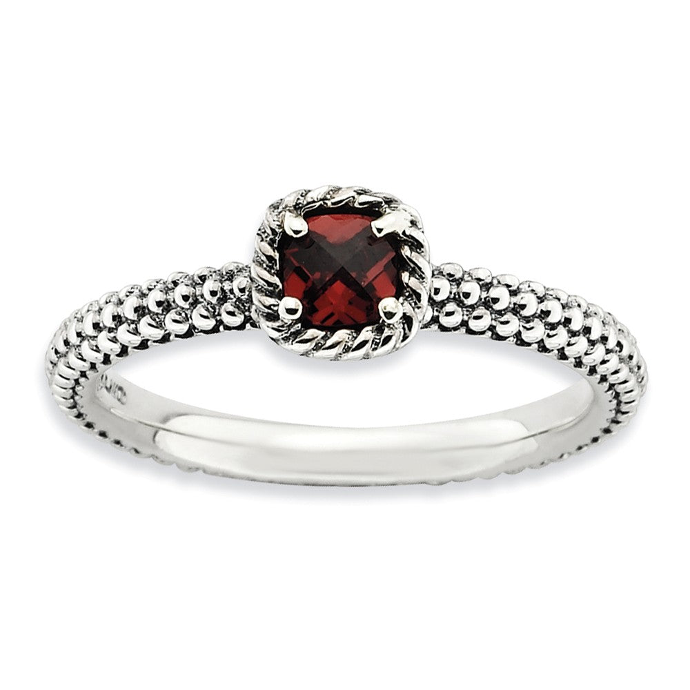 Sterling Silver & Garnet Solitaire Milgrain Band Stackable Ring, Item R8828 by The Black Bow Jewelry Co.