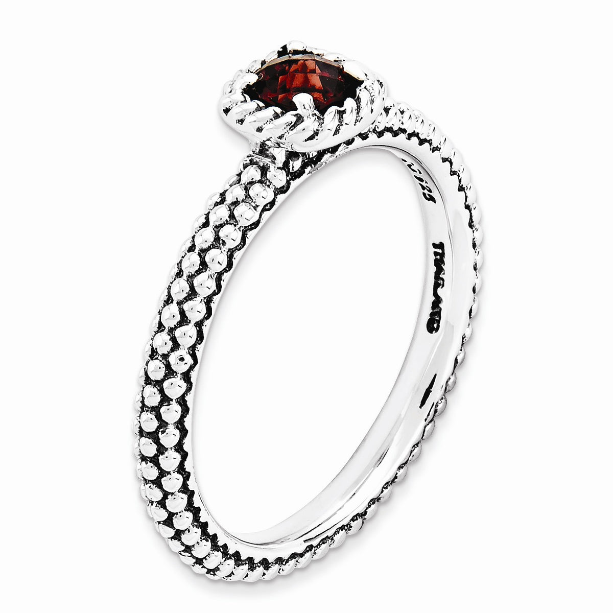 Alternate view of the Sterling Silver & Garnet Solitaire Milgrain Band Stackable Ring by The Black Bow Jewelry Co.