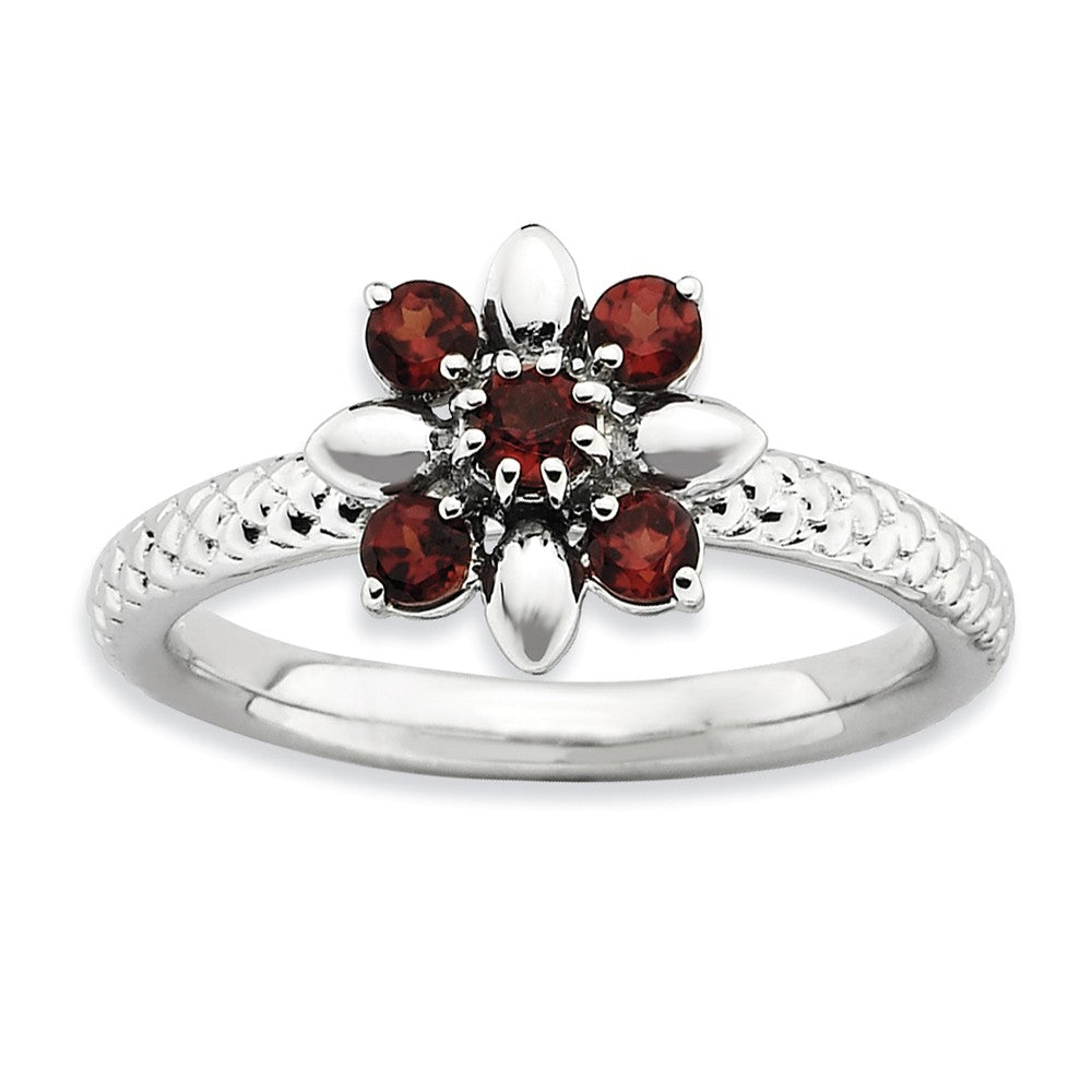 Sterling Silver & Garnet Stackable 5 Round Stone Flower Ring, Item R8831 by The Black Bow Jewelry Co.
