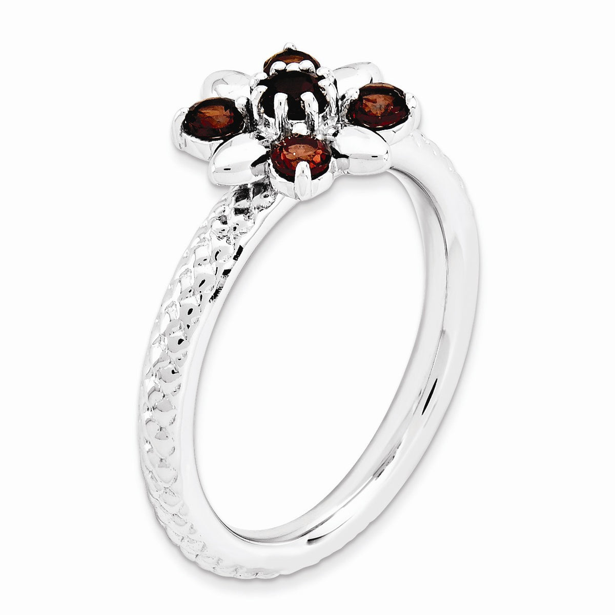 Alternate view of the Sterling Silver & Garnet Stackable 5 Round Stone Flower Ring by The Black Bow Jewelry Co.