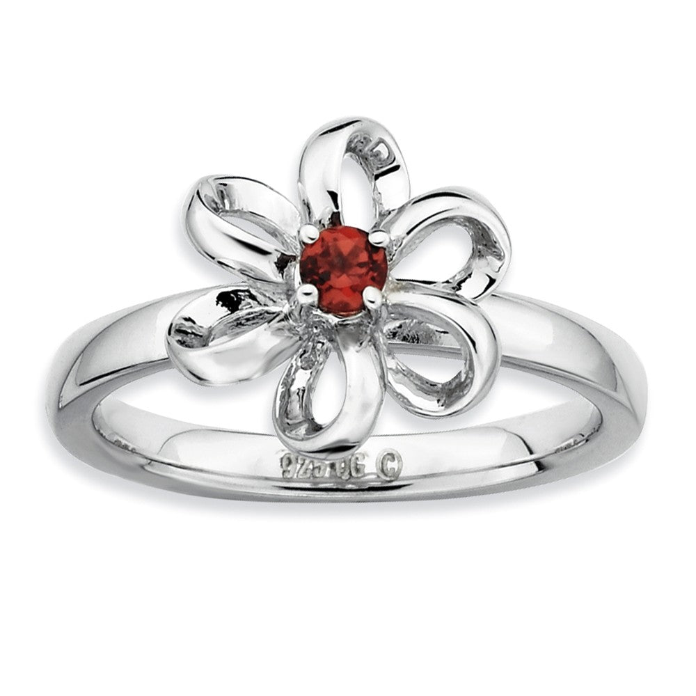 Sterling Silver Stackable Faceted Garnet Looped Petal Flower Ring, Item 8832 by The Black Bow Jewelry Co.