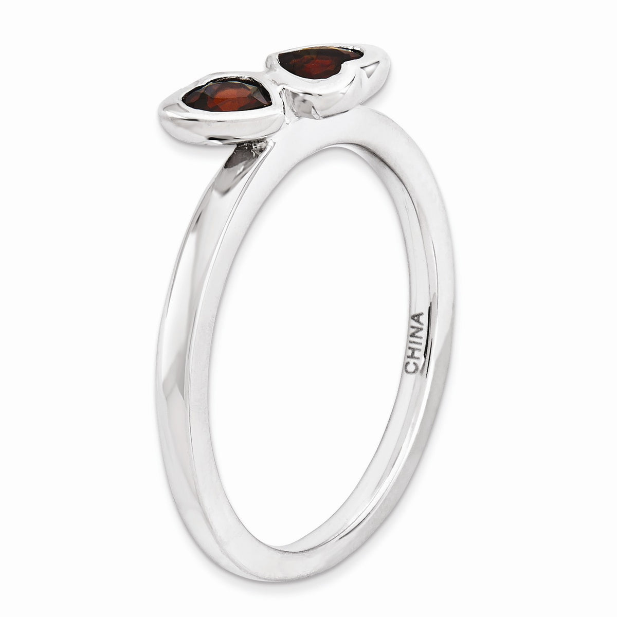 Alternate view of the Sterling Silver Stackable Double Heart Garnet Ring by The Black Bow Jewelry Co.