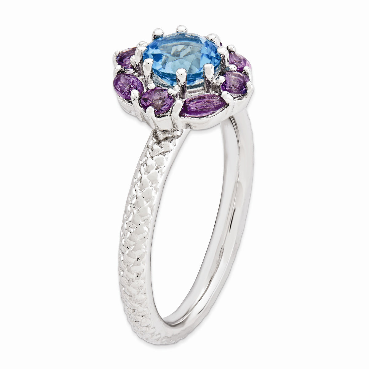 Alternate view of the Sterling Silver Stackable Amethyst & Topaz Gemstone Flower Ring by The Black Bow Jewelry Co.