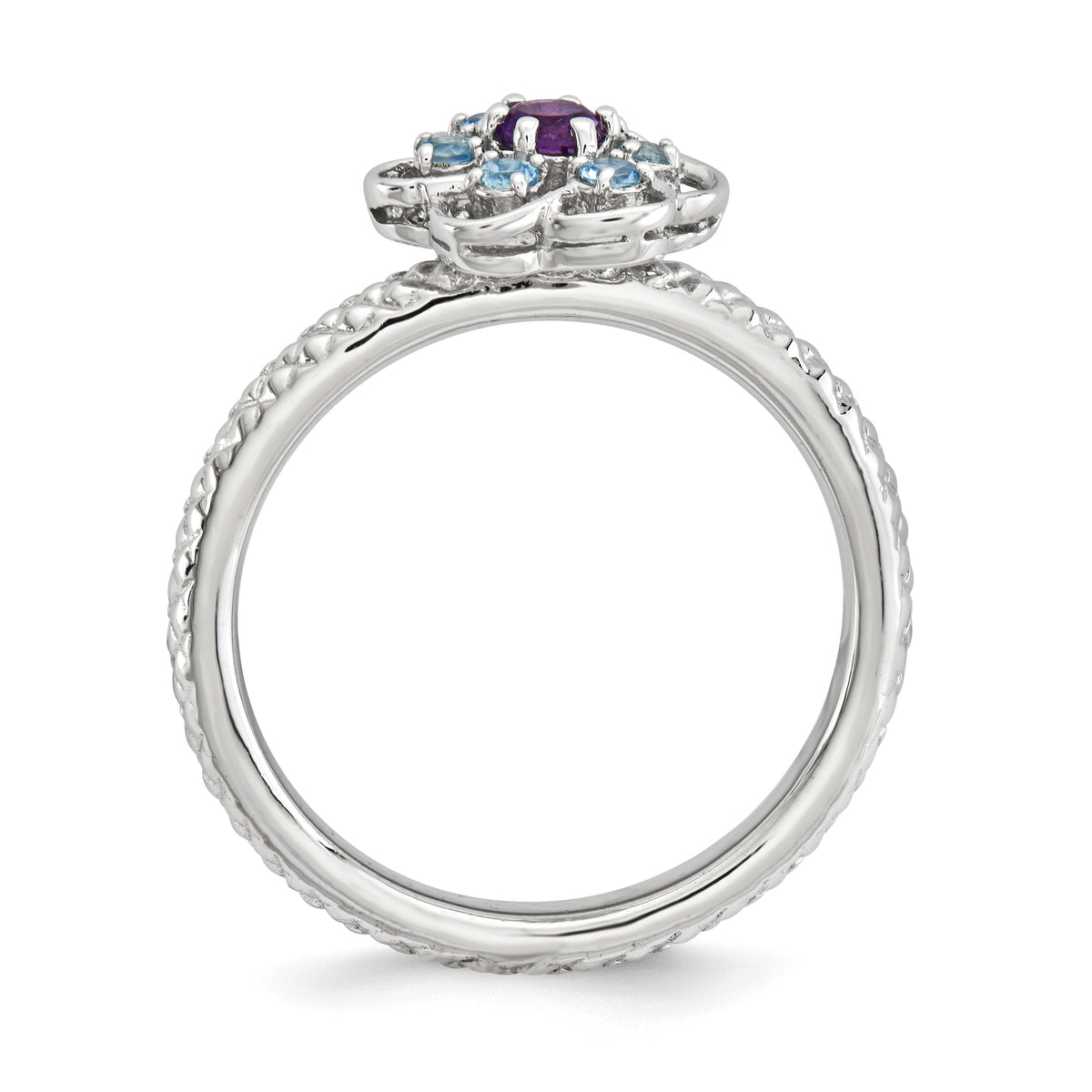 Alternate view of the Sterling Silver Stackable Blue Topaz Gemstone Flower Ring by The Black Bow Jewelry Co.