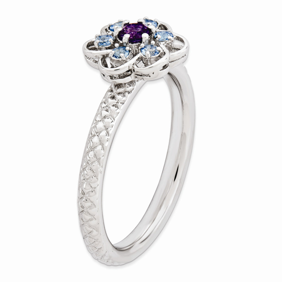 Alternate view of the Sterling Silver Stackable Blue Topaz Gemstone Flower Ring by The Black Bow Jewelry Co.