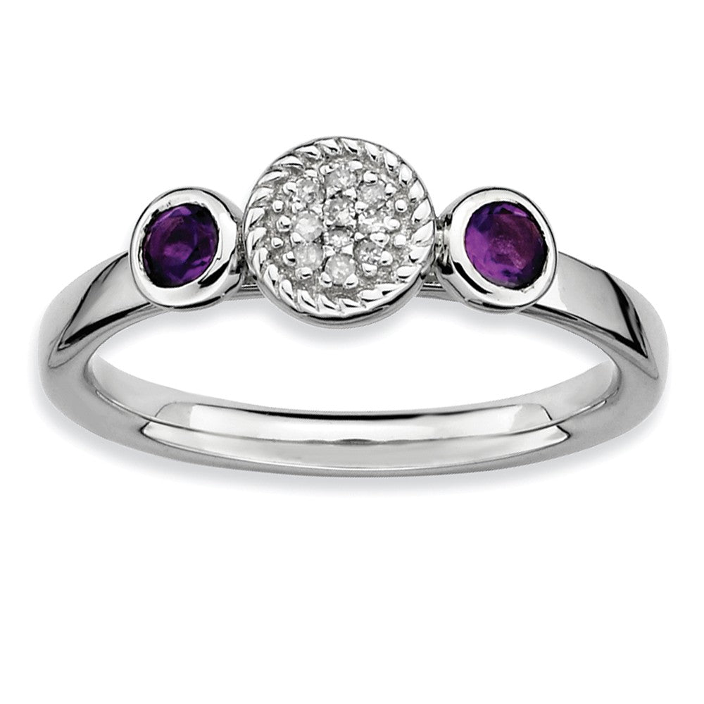 Rhodium Plate Sterling Silver Stackable Amethyst, .04 Ctw Diamond Ring, Item R8862 by The Black Bow Jewelry Co.