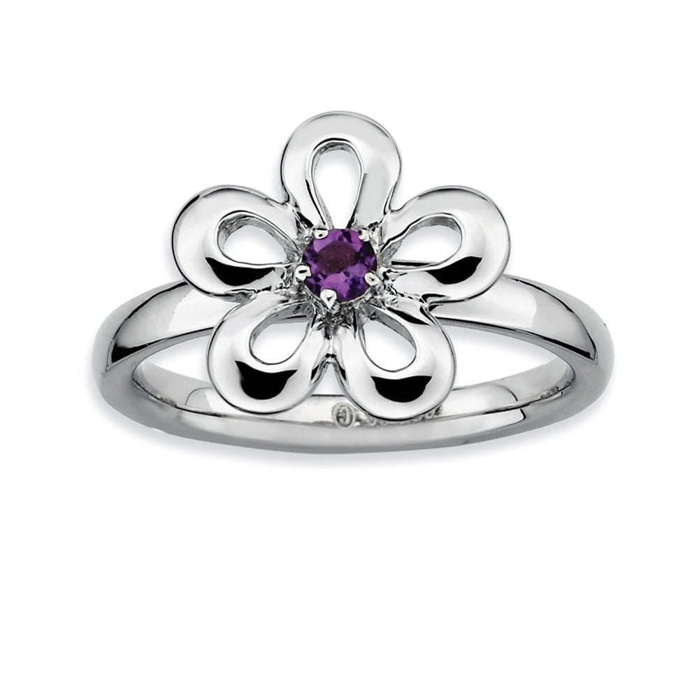 Sterling Silver & Amethyst Stackable 12mm Open Petal Flower Ring, Item R8864 by The Black Bow Jewelry Co.