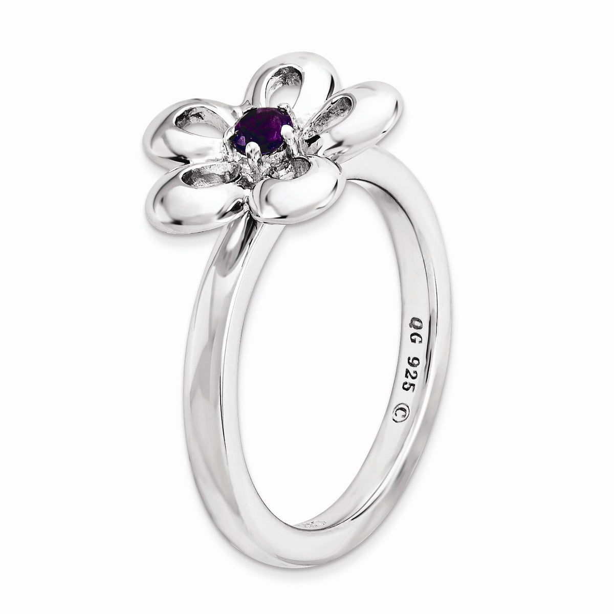 Alternate view of the Sterling Silver & Amethyst Stackable 12mm Open Petal Flower Ring, Sz 5 by The Black Bow Jewelry Co.