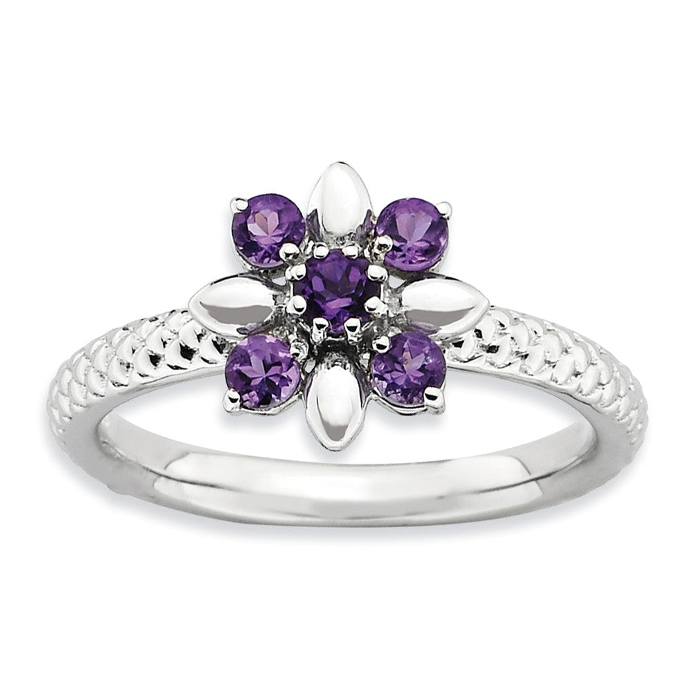 Sterling Silver & Amethyst Stackable 5 Round Stone Flower Ring, Item R8867 by The Black Bow Jewelry Co.