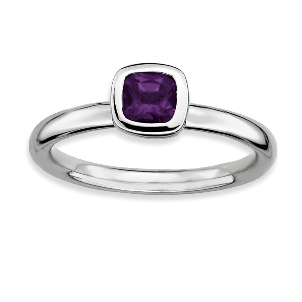 Sterling Silver & Amethyst Stackable 5mm Cushion Cut Solitaire Ring, Item R8868 by The Black Bow Jewelry Co.